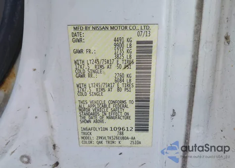 2013 Nissan Nv Cargo Nv3500 Hd Sv V8 из США, поврежденный, VIN 1N6AF0LY1DN109612